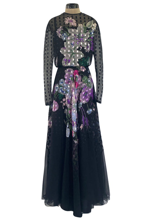 Beautiful 1970s Ted Lapidus Ribbon Weave Silk Chiffon Dress w Prettiest Floral Print