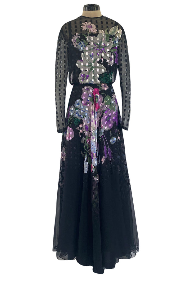 Beautiful 1970s Ted Lapidus Ribbon Weave Silk Chiffon Dress w Prettiest Floral Print