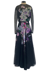 Beautiful 1970s Ted Lapidus Ribbon Weave Silk Chiffon Dress w Prettiest Floral Print