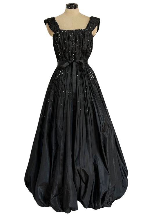 Rare 1961 Norman Hartnell Couture Black Silk Taffeta Dress w Crystal Detailing