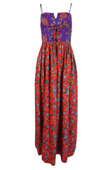 1970s Mollie Parnis Corset Front Purple & Red Floral Print Dress