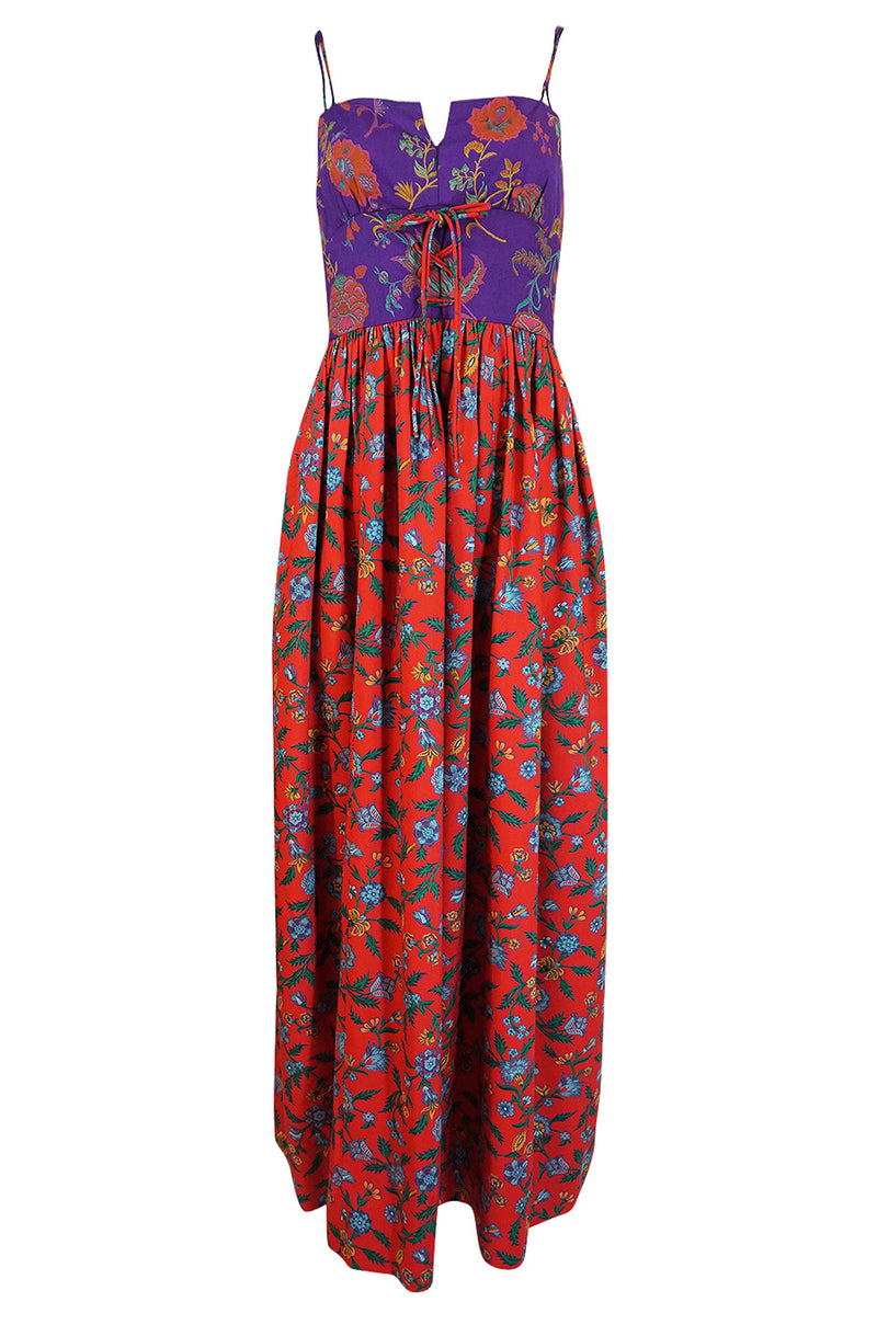 1970s Mollie Parnis Corset Front Purple & Red Floral Print Dress