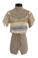 1960s Handmade Crocheted Crop Top w Blue & Gold Metallic Accents