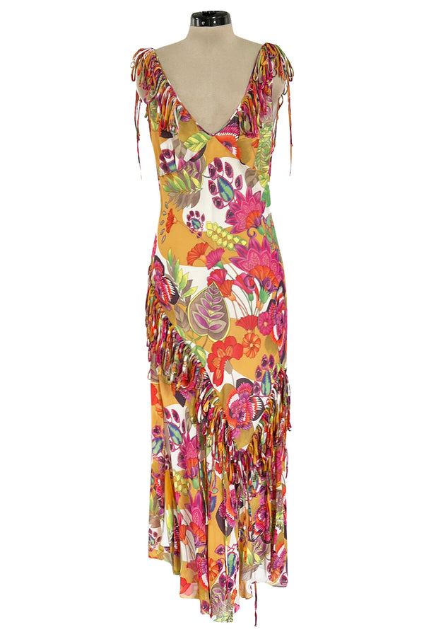 Gorgeous Spring 2005 Christian Dior by John Galliano Silk Print Dress w Flowered Edge Scarf