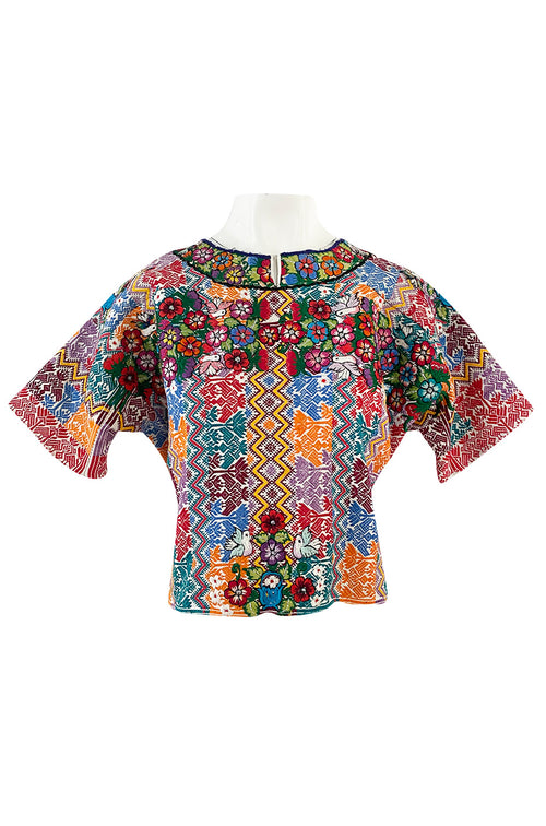 Vintage Mexican Artisan Bright Coloured Pattern Hand Embroidered Flowers & Birds Top
