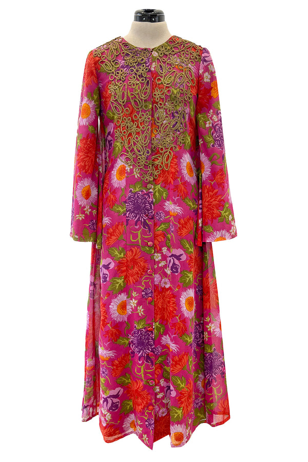 Beautiful & Rare Early 1960s Thea Porter Floral Print Coat Caftan Dress w Antique Cord Detailing