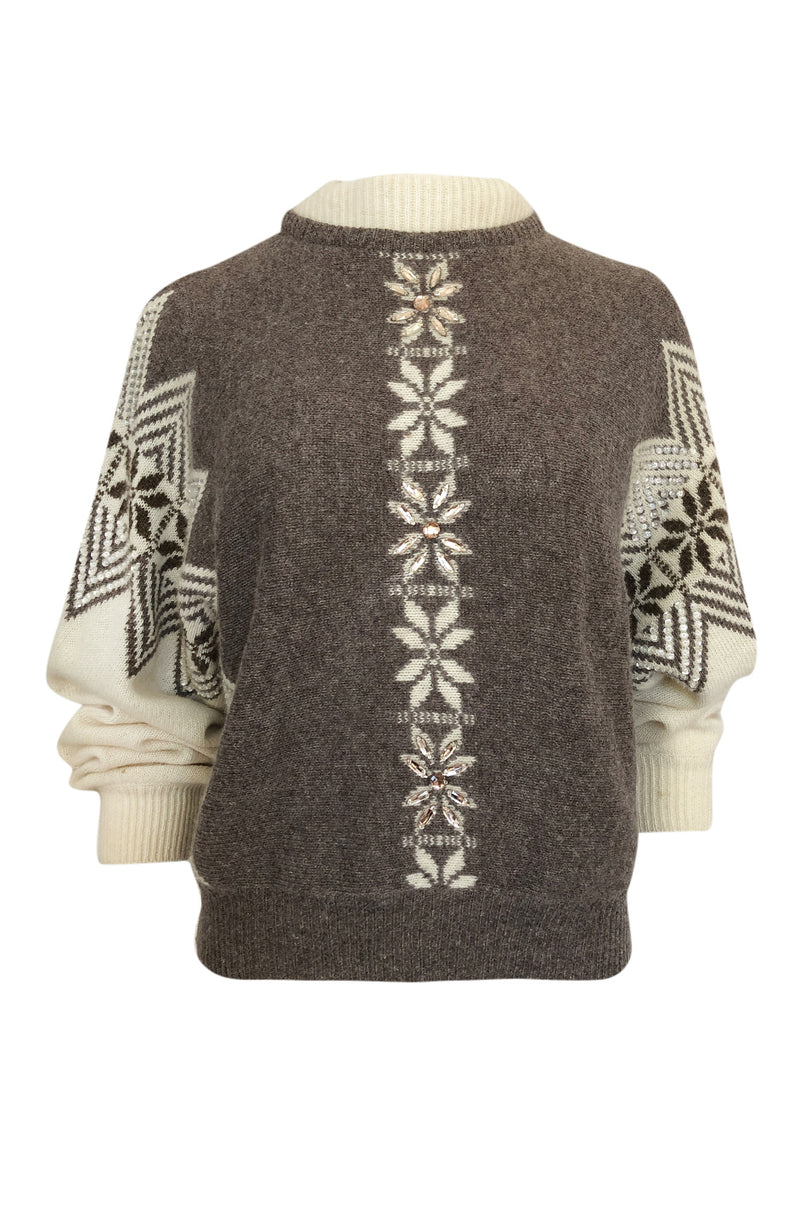 1980s Givenchy Shetland Wool Numbered Sweater w Bead & Sequin Detailing