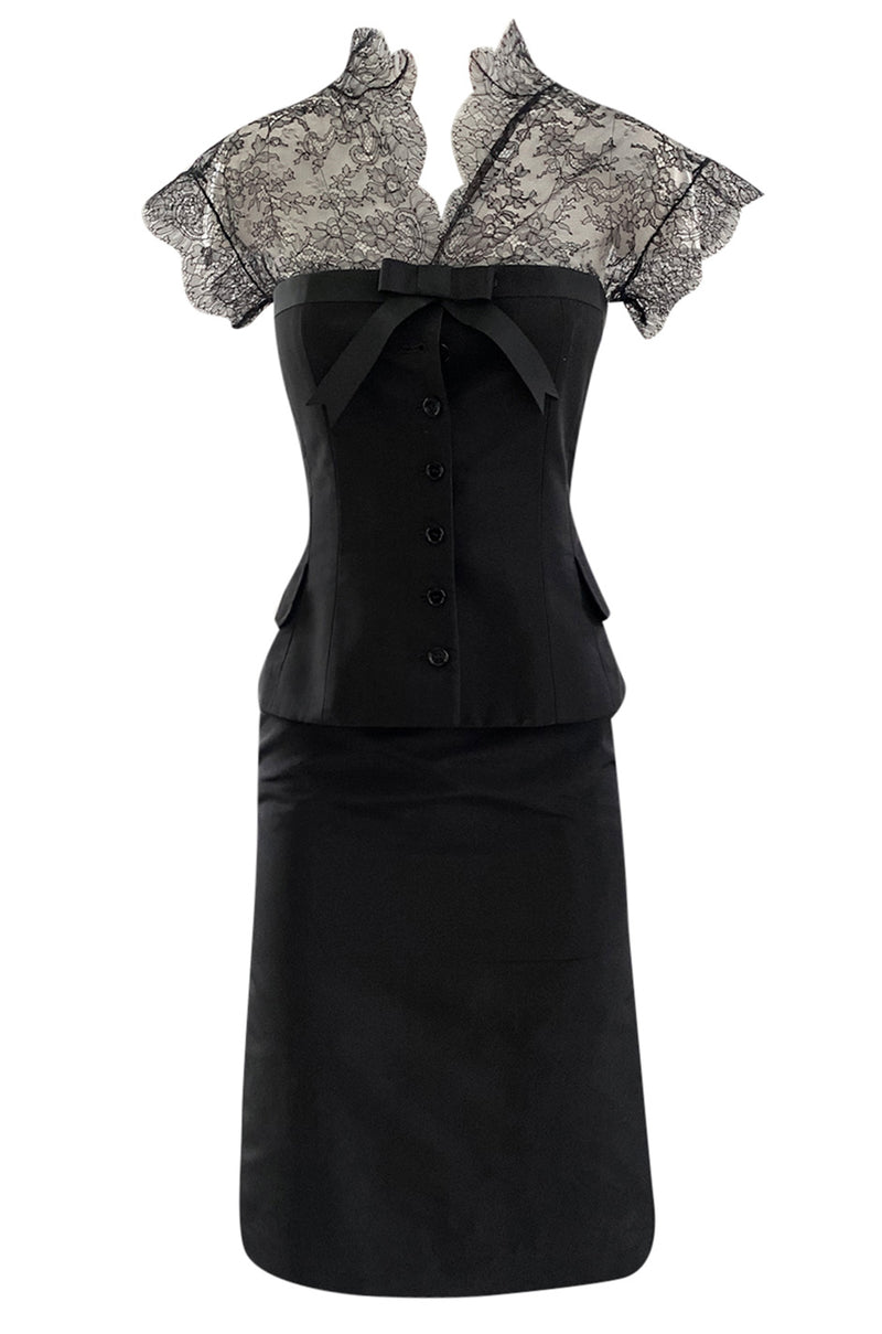 Spring 2004 Alexander McQueen Black Silk Taffeta and Black Lace Detailed Top & Skirt Set