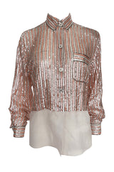 Late 1970s Oscar de la Renta Pink & Silver Sequin Top w Rhinestone Buttons