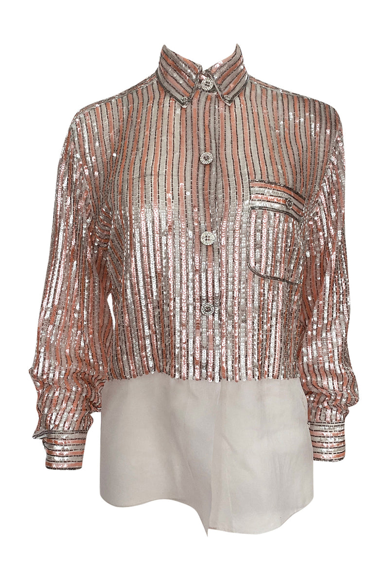 Late 1970s Oscar de la Renta Pink & Silver Sequin Top w Rhinestone Buttons