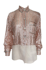 Late 1970s Oscar de la Renta Pink & Silver Sequin Top w Rhinestone Buttons