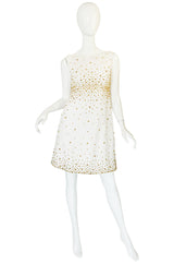 1960s Gold Studded White Cotton Waffle Weave Pique Dress