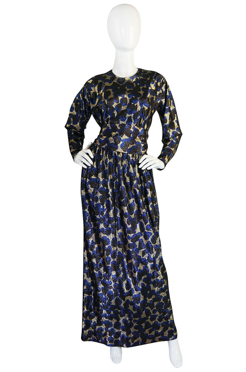 Fall 1979 Incredible Halston Gold & Blue Metallic Silk Dress