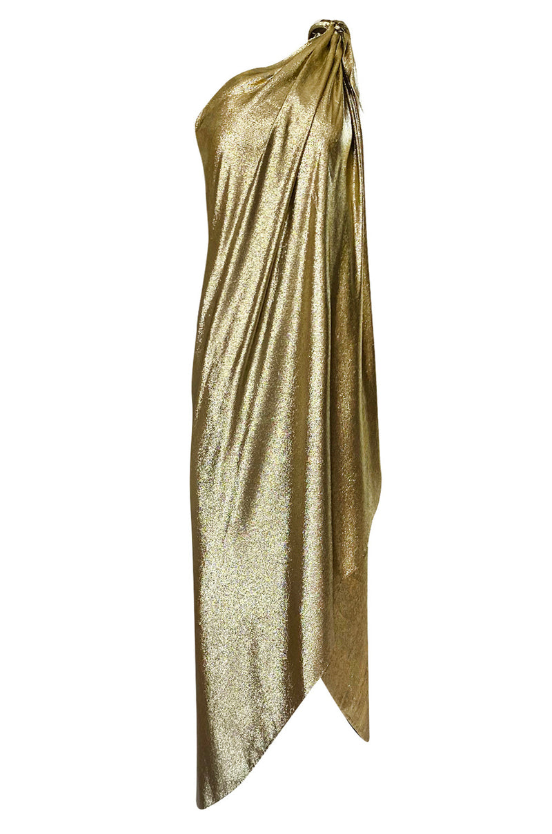 Important 1976 Halston Couture One Shoulder Gold Metallic Lame Sarong Dress
