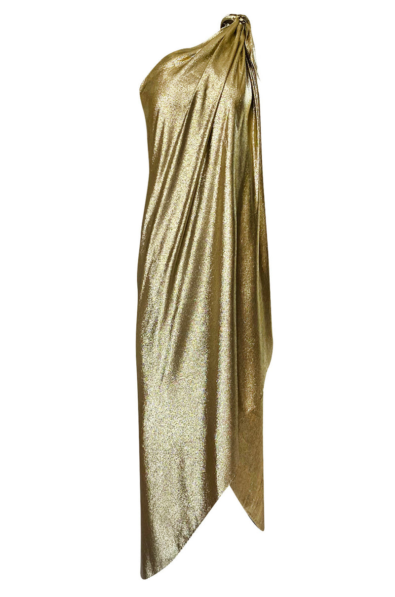 Important 1976 Halston Couture One Shoulder Gold Metallic Lame Sarong Shrimpton Couture Important 1976 Halston Couture One Shoulder Gold Metallic Lame Sarong Shrimpton Couture