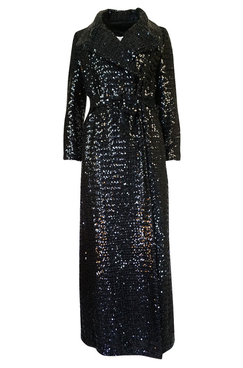 1970s Unlabeled Black Sequin Full Length Trench Style Maxi Coat