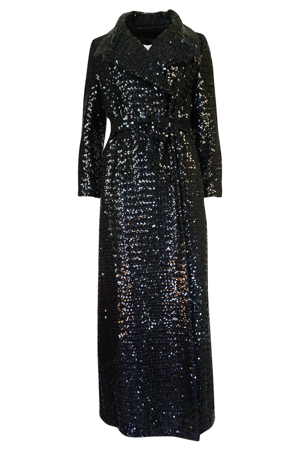 1970s Unlabeled Black Sequin Full Length Trench Style Maxi Coat