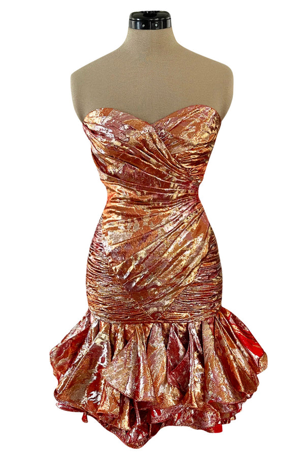 Fall 1988 Emanuel Ungaro Strapless Metallic Gold & Coral Dress w Flirty Ruffled Skirt