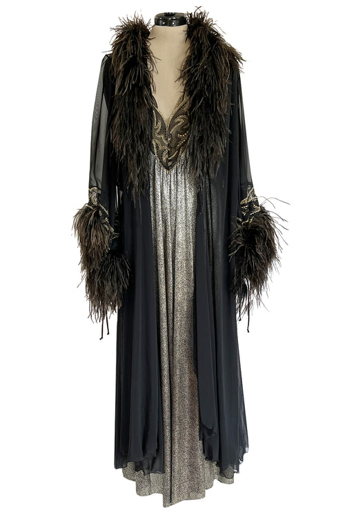 Dramatic 1980s Bob Mackie Chiffon & Gold Dress & Robe Set w Feather Trim