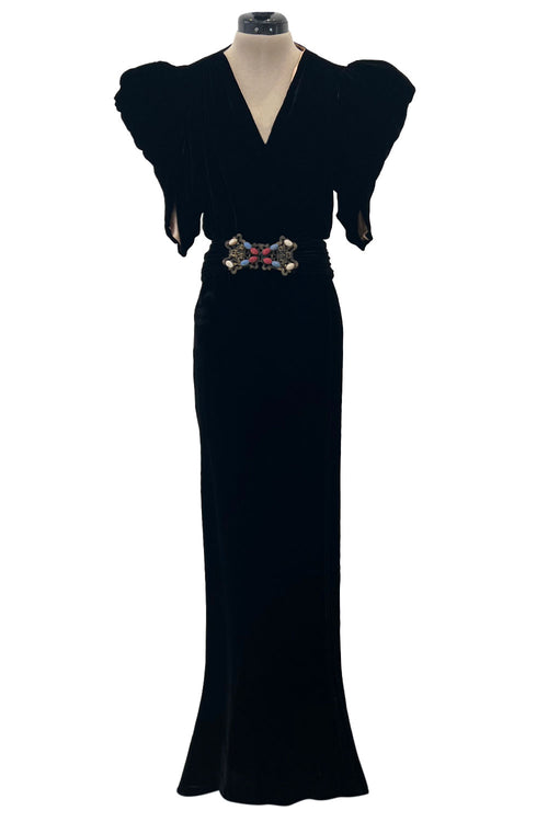 Incredible 1930s Black Silk Velvet Wrap Bias Cut Dress w Elaborate Metal &  Bead Belt
