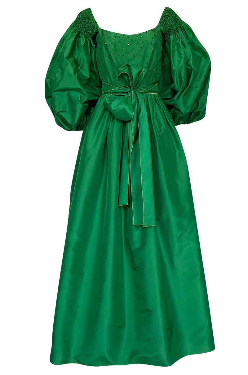 1960s Richiline Emerald Green Silk Dress w Pouf Sleeves & Rhinestone D Shrimpton Couture 1960s Richiline Emerald Green Silk Dress w Pouf Sleeves & Rhinestone D Shrimpton Couture