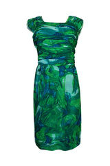 1950s Lord & Taylor Silk Chiffon Green Print Hawaiian Dress