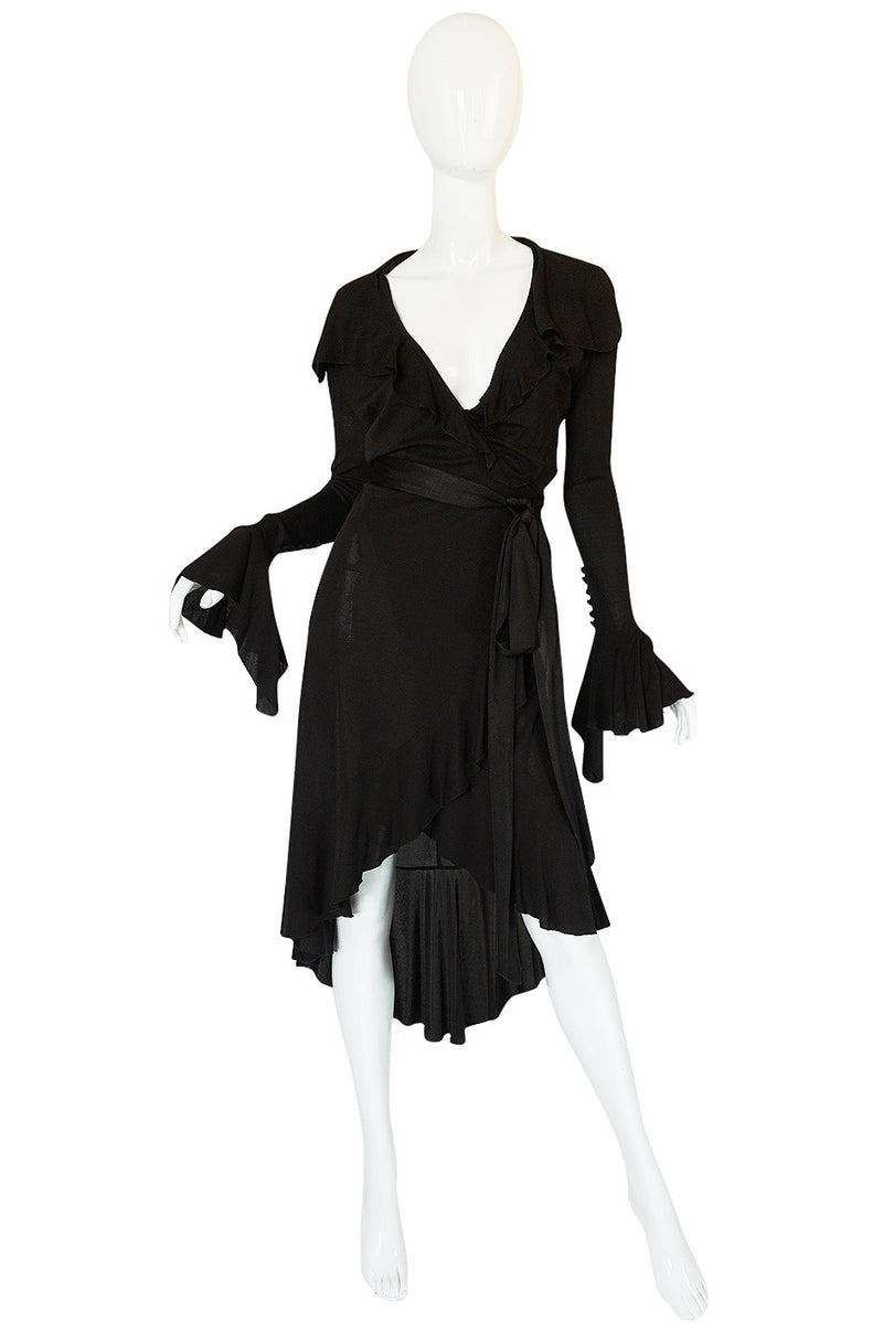 1990s Chocolate Givenchy Wrapped Ruffled Jersey Dress