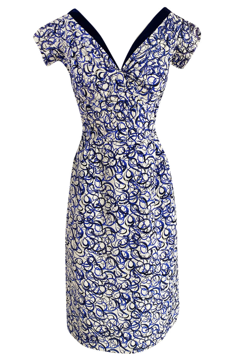 1940s Hand Painted Blue & White Silk Swing Dress w Swirling Sequin Detailing