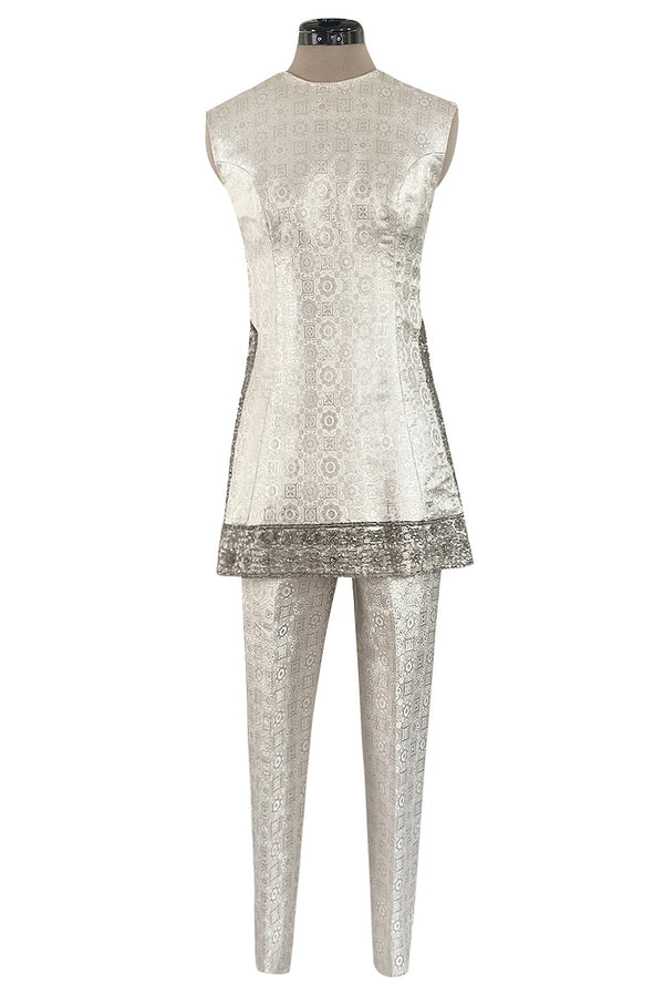 1960s Malcolm Starr Silver Silk Brocade Pant & Tunic Set w Extensive Beaded Detailing