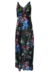 1960s Unlabeled Bright Floral Print On Black Nylon Lingerie Dress