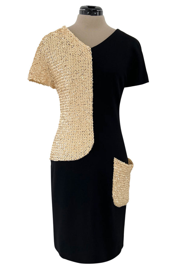 Runway Spring 1991 Karl Lagerfeld Black Crepe & Creamy Ivory Sequin Dress w Pocket