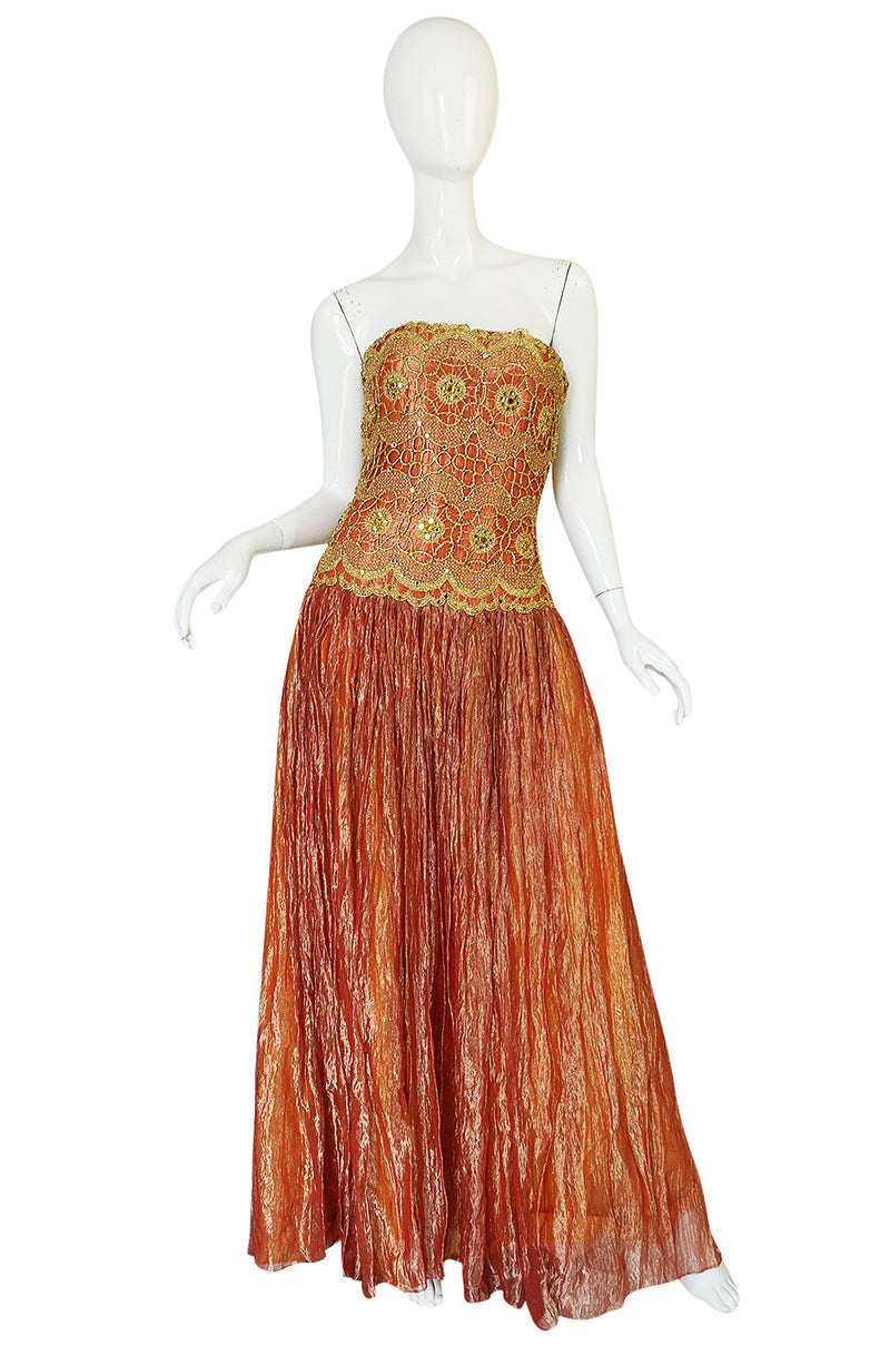 1980s Bob Mackie Strapless Gold Cord & Lame Silk Dress