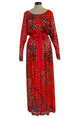 1970s Malcolm Starr by Youssef Rizkallah Sequinned Metallic Gold Lurex & Printed Red Silk Maxi Dress