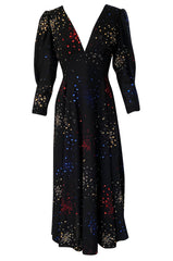Incredible 1970s Pauline Trigere Hand Painted & Sequin Detailed Dress