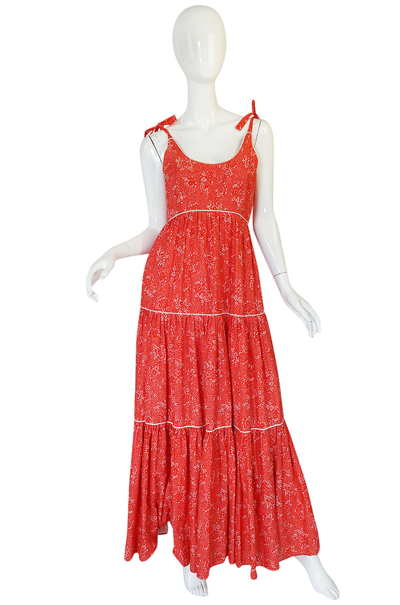 1970s Red Print & Tiered Victor Costa Cotton Dress