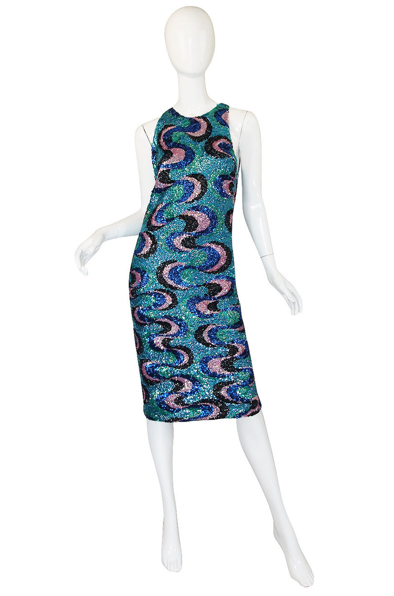 1960s Blue & Pink Hand Done Sequin Dress