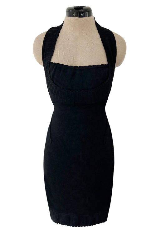 Documented Spring 1992 Azzedine Alaia Black Knit Mini Dress w Curving Halter Neckline