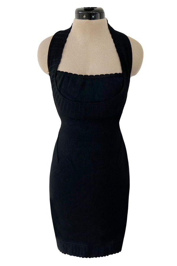 Documented Spring 1992 Azzedine Alaia Black Knit Mini Dress w Curving Halter Neckline