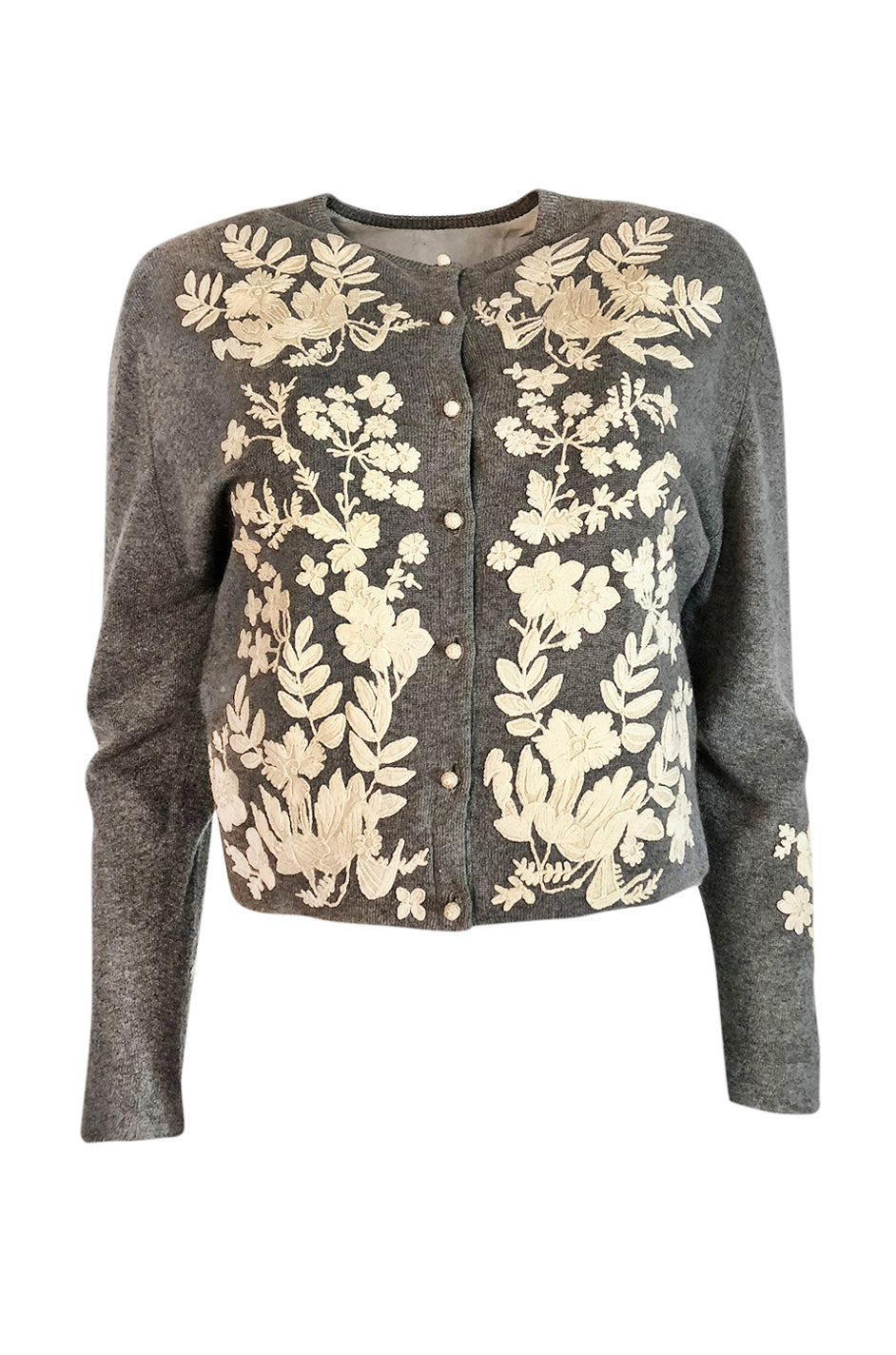 Pull Vintage Années 1950 Helen Bond Carruthers - Cachemire Jaune Ivoire - Taille M/L - Motif Floral - Occasion Très Bon état