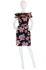 1980s Christian Dior Off Shoulder Floral Print Dress