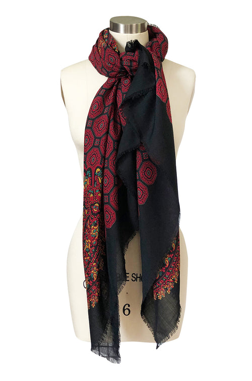 Huge 1970s Christian Dior Deep Red Print Silk and Wool Shawl