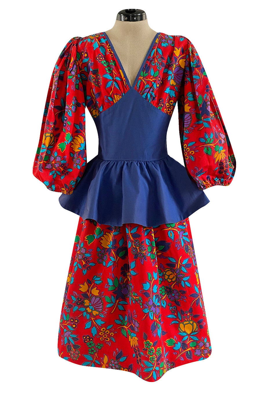 Spring 1983 Yves Saint Laurent Red Floral Print Balloon Sleeve