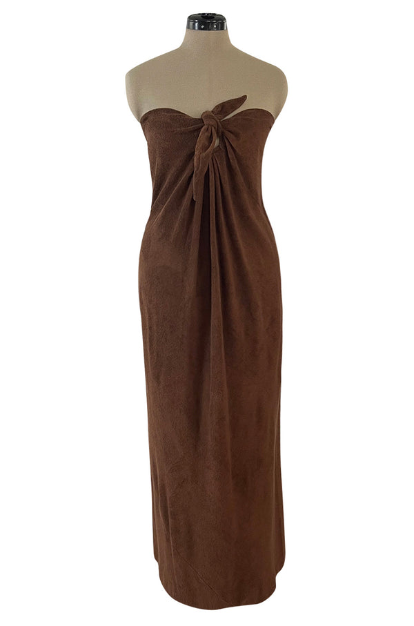 Unusual 1976 Halston Deep Brown Strapless Tie Front Dress in a Soft Terry Cloth