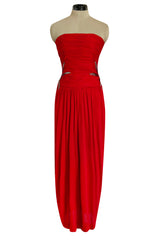 Prettiest 1970s Ruben Panis Side Beaded Red Jersey Dress w Convertible Straps