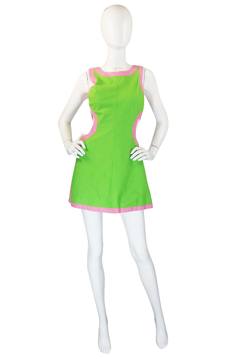 1960s Green & Pink Cut Out Mini Gogo Dress