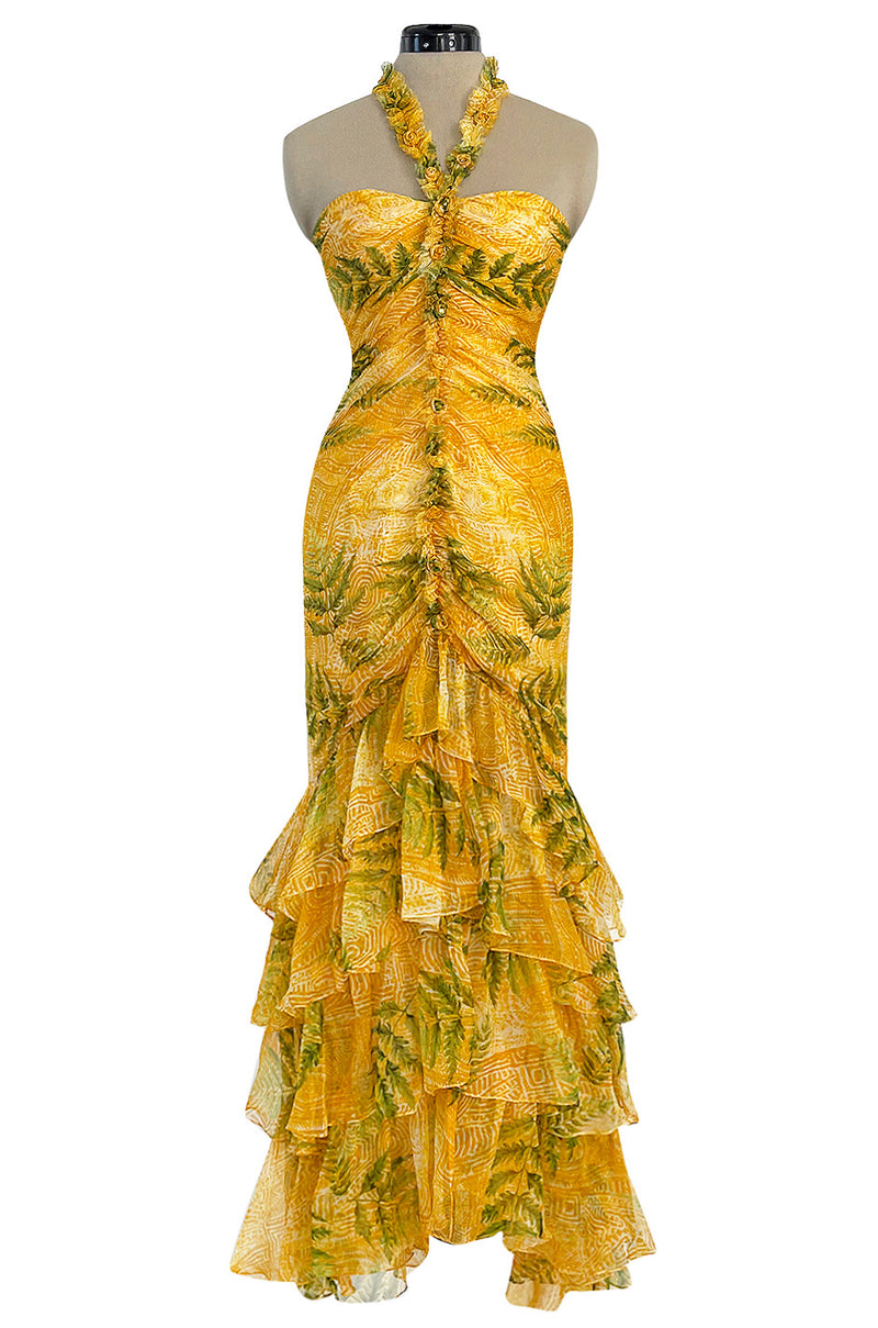 Spring 2004 Oscar de la Renta Runway Yellow Silk Chiffon Ruffled Dress w Fern & Floral Print