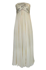 1970s Bob Mackie Beaded Strapless Ivory Silk Chiffon Dress
