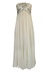 1970s Bob Mackie Beaded Strapless Ivory Silk Chiffon Dress