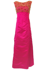 1960s Malcolm Starr Vibrant Pink Silk Satin Dress w Beaded Bodice