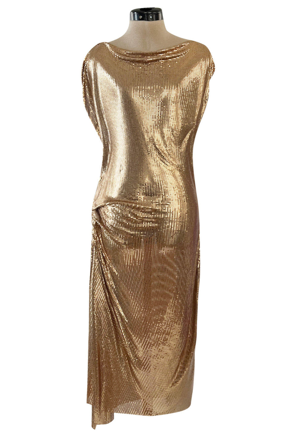 Fabulous Recent Paco Rabanne Oroton Gold Metal Mesh Dress w Snap Draping